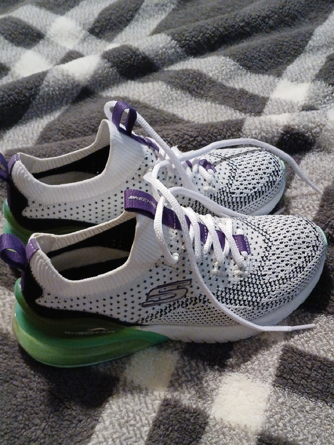Skechers White Knit Athletic Sneakers With Purple And Green Accents